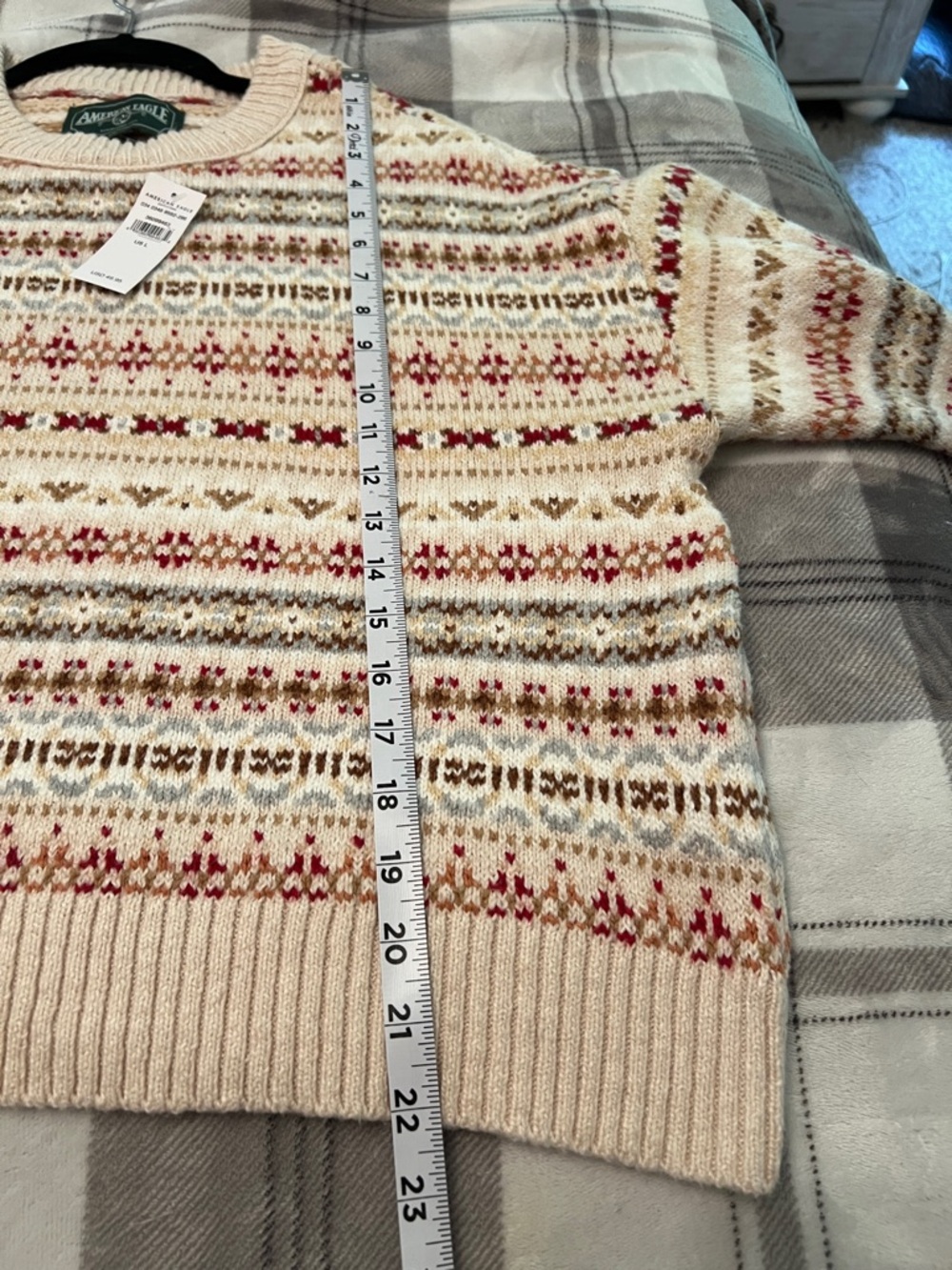 American Eagle Outfitters Cream Fair Isle Crew Sweater with Red and Tan Accents - Picture 5 of 5